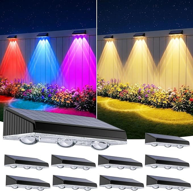 Solar Fence Lights Outdoor 10 Pack, Upgraded Brightness 3X LED Lens Fence Lights Solar Powered, 9 Fixed Colors & RGB Lights, IP65 Waterproof Solar Lights for Outside Backyard/Railing/Step/Patio