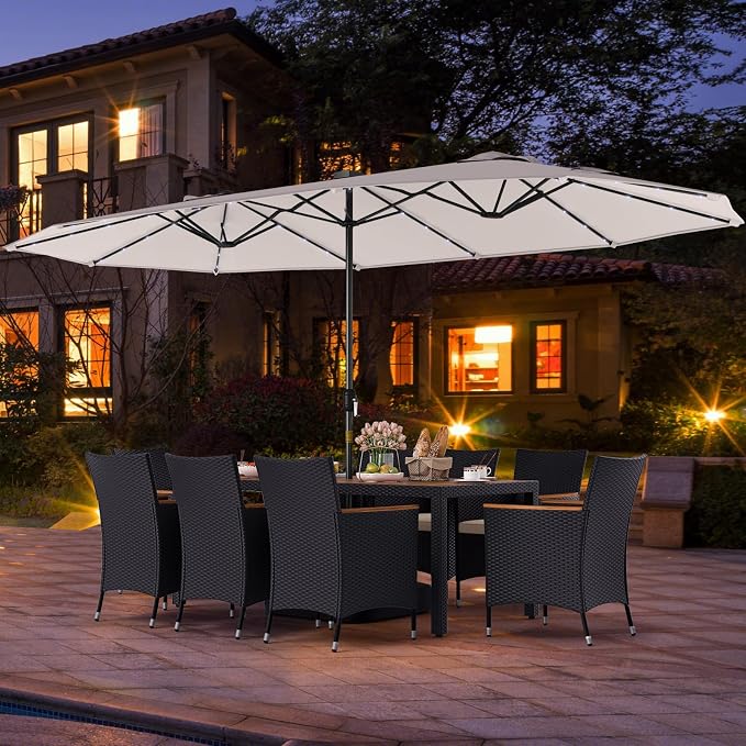 Tangkula 11 Pieces Patio Dining Set with Double-Sided Led Patio Umbrella (Base Included), with 8 Stackable Chairs, Acacia Wood Dining Table and Large Umbrella with Solar Lights (Beige + Off White)