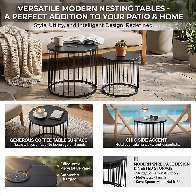 cinkehome Solar Outdoor Side Table Set of 2, All-Weather Metal Nesting Tables, Round End Table for Indoor, Patio, Poolside, Backyard, Matte Black