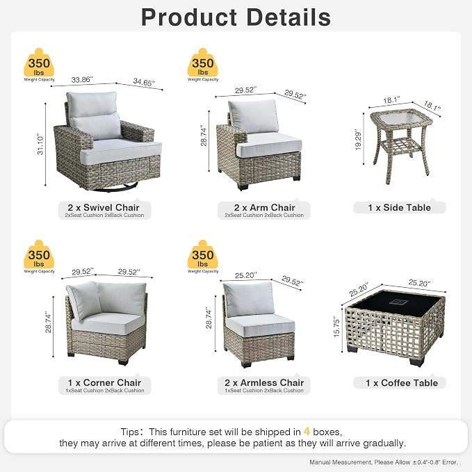 Weaxty 9 Pieces Patio Furniture Set, Outdoor Sectional Furniture Sofa Set w/Swivel Rocking Chairs Coffee Table, PE Wicker Modular Couch Conversation Set for Backyard Garden,Gray