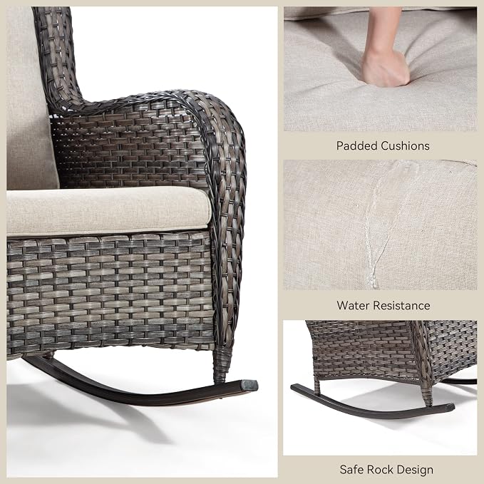 Outdoor Wicker Patio Rocking Chair - All-Weather Lawn Rocking Wicker Furniture with Alloy Steel Frame & Premium Fabric Cushion, Beige
