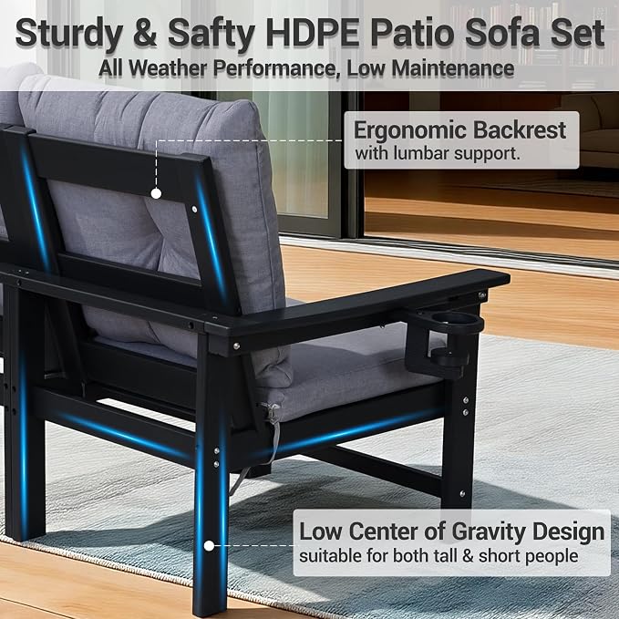 Patio Furniture Set 4 Seat, HDPE All-Weather Outdoor Sectional Conversation Sofa with Coffee Table, Washable Think Cushions for Lawn, Garden, Deck, Porch, Black