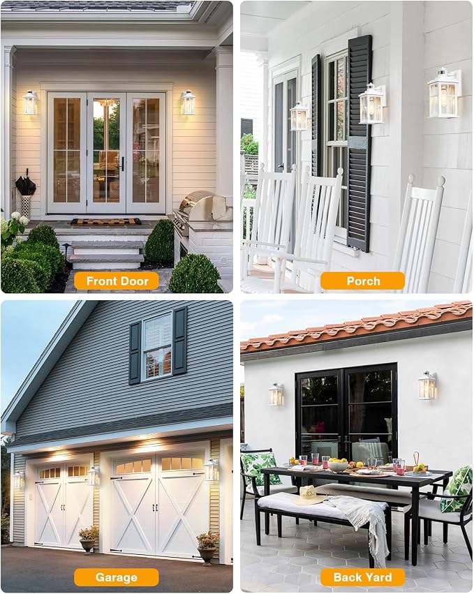 White Outdoor Wall Lights, Motion Sensor Porch Light Outdoor, Dusk to Dawn Outdoor Light Fixtures, Waterproof Outside Lights for House, Garden, Front Porch, Tempered Glass, Anti-Rust