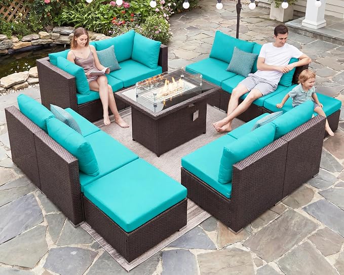 BULEXYARD 11 Piece High Back Outdoor Furniture Set with Firepit, Cozy Patio Conversation Set with Ottoman Modular, Extra Wide Deep 10-Seats Sectional Couch Sofa for Yard, Brown Rattan & Teal Cushion