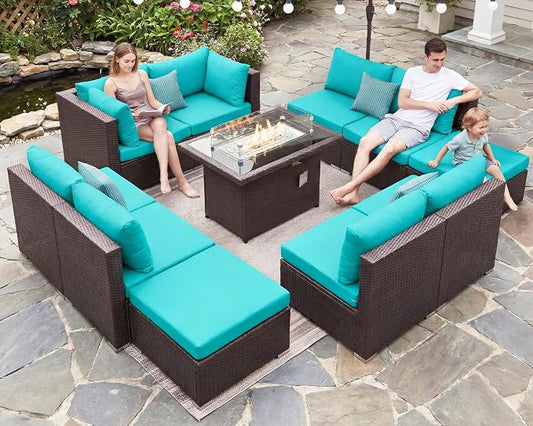 BULEXYARD 11 Piece High Back Outdoor Furniture Set with Firepit, Cozy Patio Conversation Set with Ottoman Modular, Extra Wide Deep 10-Seats Sectional Couch Sofa for Yard, Brown Rattan & Teal Cushion