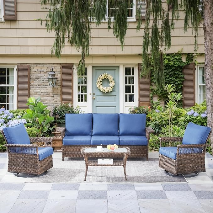 Patio Furniture Set 2 Wicker Swivel Glider Chairs Sofa with PE Rattan Coffee Table Brown Wicker Blue Cushions Patio Conversation Set 4pcs for Garden Balcony Sunroom Backyard