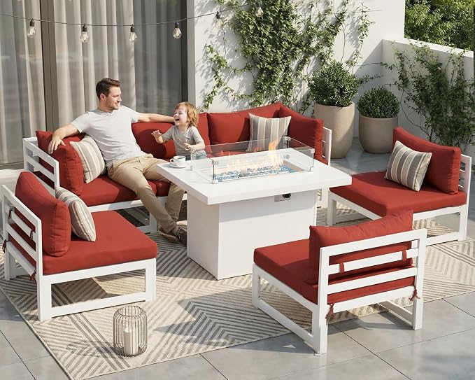 BULEXYARD 6 Person Oversized Modular Aluminum Outdoor Furniture Set with Fire Pit Table, 29 inch Deep Wide Sectional Seating, 500 lbs High Weight Capacity Patio Conversation Set for Garden, Burgundy