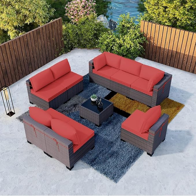 9 Pieces Outdoor Patio Furniture Set Brown Rattan Sectional Sofa with Manual Wicker, Cushions and Covers, Tempered Glass Tea Table Patio Conversation Set for Backyard Garden Lounge(Red)