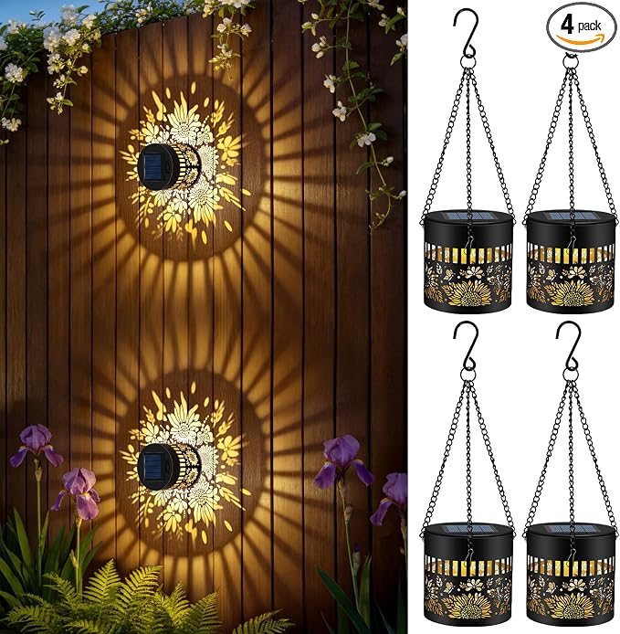 4 Pack Solar Fence Lights Outdoor, Metal Solar Powered Wall Deck Step Light | Sunflower Theme, Hanging LED Waterproof Decorative Lighting for Garden Patio Backyard Post Decor, Warm White
