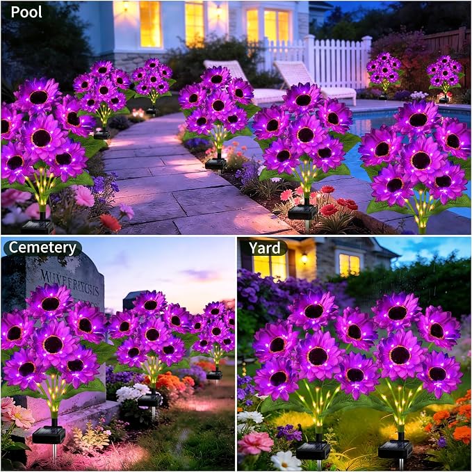 Solar Garden Lights Outdoor, 4 Pack Solar Purple Sunflower Lights with 18 Head 3.5 Inch Flowers, Waterproof Flowers Light Fall Decor Auto ON/Off for Garden Yard Patio Backyard, Gifts for Mom Women