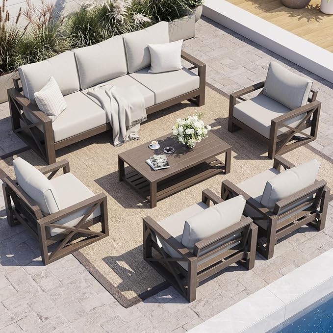 UDPATIO Aluminum Patio Furniture Set, Faux Wood Grain Modern Outdoor Furniture, 6" Cushions Metal Patio Conversation Sofa with Coffee Table for Poolside Deck, 8 PCS, Beige(Include 600D Covers)