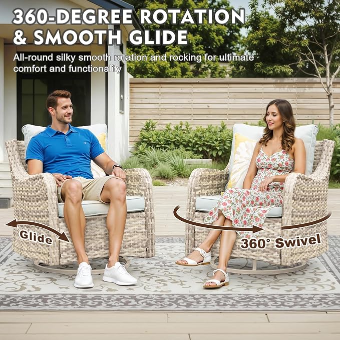MEISSALIVVE 7 Pieces Patio Furniture Set with Swivel Chair, Wicker Patio Sofa, Rattan Conversation Set with Three-seat Sofa, 2 Ottomans and Loveseat for Lawn Backyard (Blue)