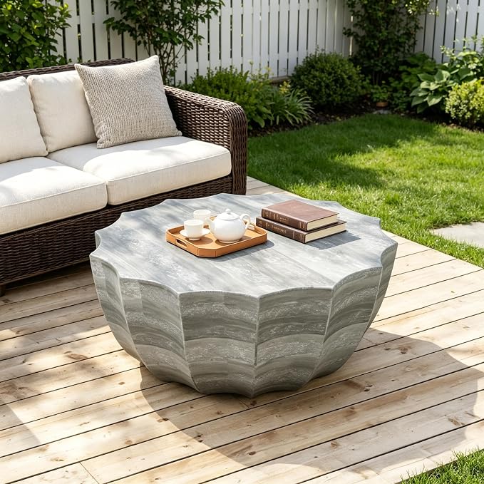 35.43" Concrete Outdoor Table,Modern Round Stone Coffee Table,Waterproof Outdoor Coffee Table for Patio for Terraces, Gardens, Backyards and Living Rooms (Marble White, 35.43")