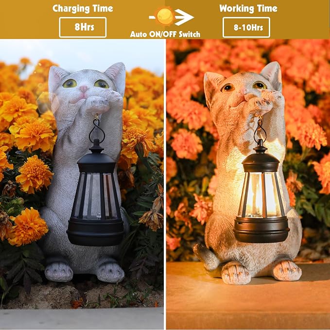 Cat Solar Lights Outdoor Garden, Cat Statue with Lantern for Cat Lover Gift | Cat Solar Lantern Garden Statue, Cat Fugurines Yard Art Lawn Ornaments Porch Patio Home Decor Gardening Gifts for Grandma Mom