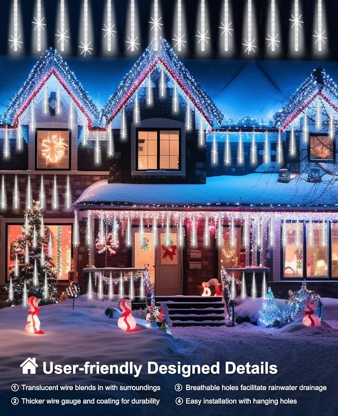 UL Certified Meteor Shower Lights Outdoor, 20 Tubes 1080 LED Falling Rain Drop Icicle Lights, 20 Inch Cascading Snowfall String Lights for Christmas Tree, Holiday Wedding Party Garden Decor, White