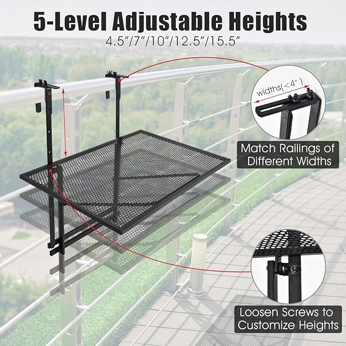 Tangkula Outdoor Folding Hanging Table, 5 Height Adjustable & Foldable Space Saving Railing Serving Table, Width from 1.5 inch to 4 inches, Suitable for Patio, Balcony and Deck