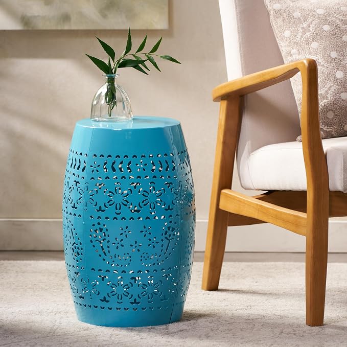 12" Outdoor Side Table, Metal Cutout Drum Side Table, Patio Garden Stool | Coffee End Tables for Small Spaces, Living Room, Backyard, Poolside