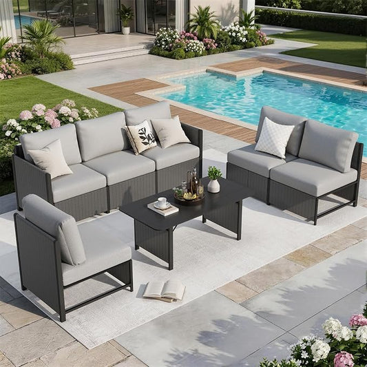 MELLCOM 7 Pieces Patio Furniture Set, Modern Sectional Sofa, All Weather Outdoor Conversation Set with Cushions & Table, Gray