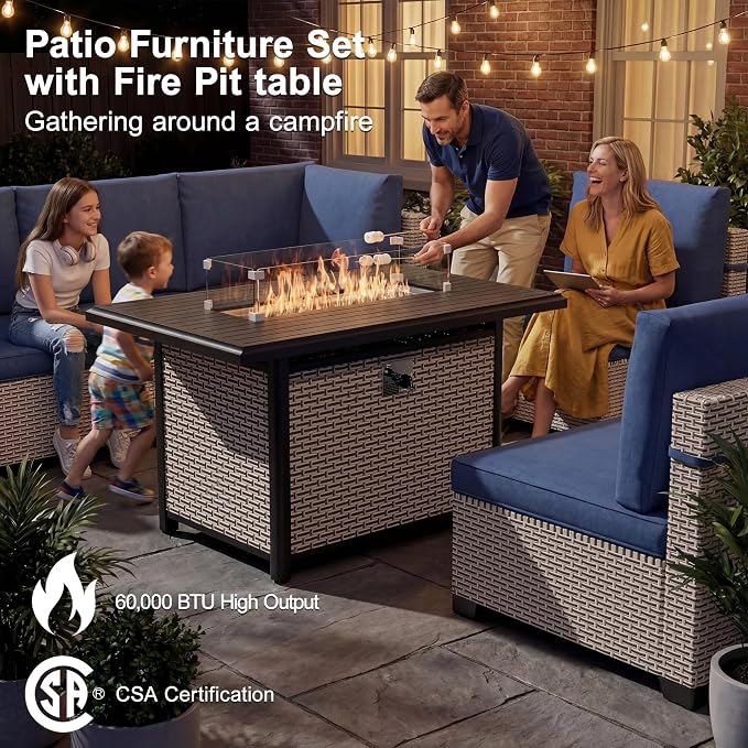 Patio Furniture Set, 10-Piece Outdoor Sectional Sofa with 60,000 BTU Fire Pit Table & Ottomans, Wicker Patio Conversation Set with Coffee Table, Blue Cushions