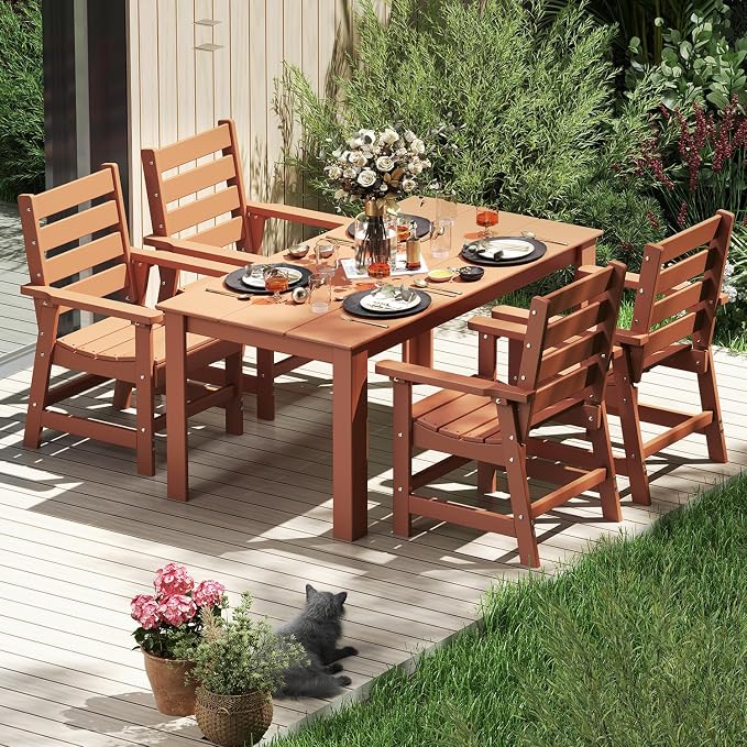 IVY&LANE Outdoor 5-Piece Dining Set for 4 | HDPE | 67’’ Rectangle Table and Chairs | Patio Furniture Sets | All Weather | Umbrella Hole | Teak | for Poolside Lawn Garden Backyard