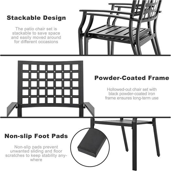 NUU GARDEN Outdoor Patio Dining Set, Black Powder-Coated Finish, 6 Dining Chairs and 61'' x 37'' Rectangle Dining Table with 1.57'' Umbrella Hole, Iron Frame, for Outdoor and Indoor Space