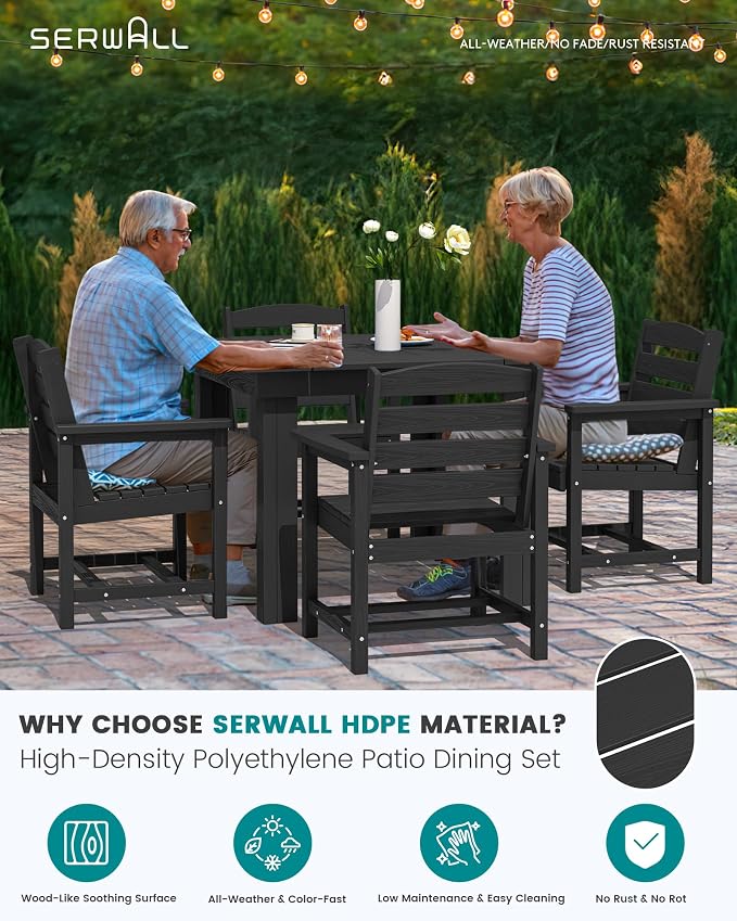 SERWALL HDPE Outdoor Square Dining Set for 4 | with Armchair Seat