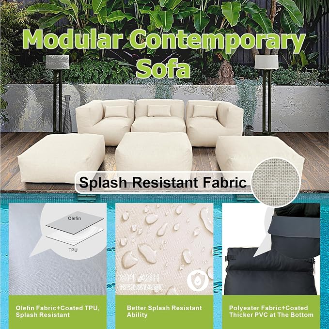 ANNYH PortoCervo 6PCS Patio Outdoor Furniture Sectional Conversation Set Combines 1 Middle & 2 Corner Chairs, 3 Ottoman, Foam Filled Bean Bag Chairs Modular Contemporary Sofa Comfy Couch, Light Beige