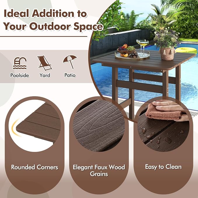 Giantex 42" Height Outdoor Tall Bar Table, HDPE Square Pub Tables with Wood Grains, High Top, Cocktail Bistro Table for Adirondack Chairs, Patio, Garden, Poolside, Yard, Balcony, Brown