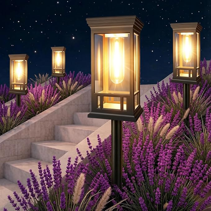 LORRYTE 10 Pack Solar Pathway Lights Outdoor Waterproof | High-performance Solar Panel, Work Lasts 12-15hrs, Auto On/Off, Warm White Retro Design, Garden Lights for Lawn Walkway Decor
