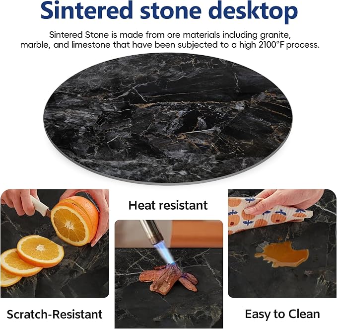 ZL ZELing Round Sintered Stone Table Top 39.3",Replacement Table Top for Indoor & Outdoor - Heat/Scratch Resistant Waterproof Ceramic DIY Desktop, Patio/Balcony/Bistro/Café & Dining Room(Bright Black)