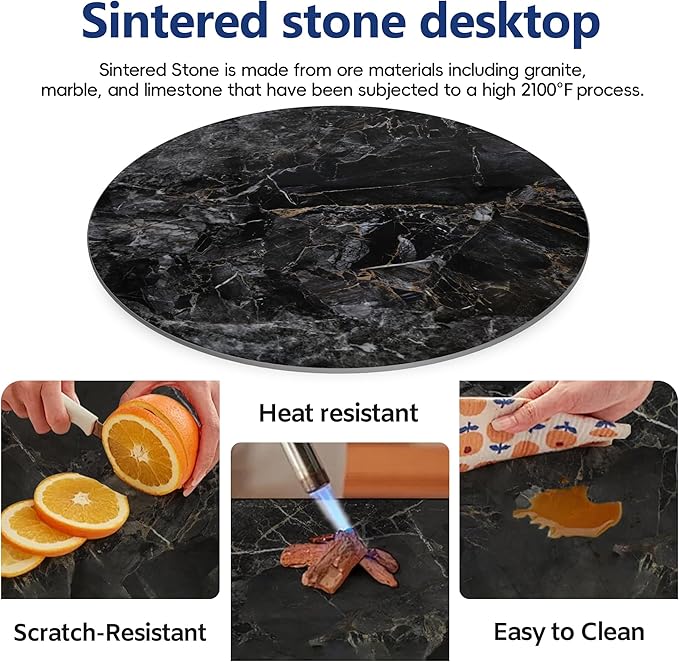 ZL ZELing Round Sintered Stone Table Top 31",Replacement Table Top for Indoor & Outdoor - Heat/Scratch Resistant Waterproof Ceramic DIY Desktop, Patio/Balcony/Bistro/Café & Dining Room (Bright Black)