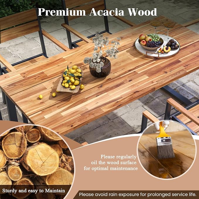 COSTWAY Outdoor Dining Set for 6, 63’’ x 32’’ Acacia Wood & Metal Patio Dining Table with 2'' Umbrella Hole, 6 Stackable Chairs, Ergonomic Armrests, 7 Pieces Dining Set for Backyard, Deck, Patio