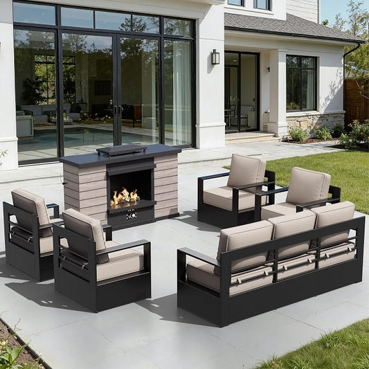 Outdoor Aluminum Furniture Set, 6-Piece Patio Conversation Set, 4 Chairs 1 Sofa and 1 Fireplace, All-Weather Metal Frame, 6" Thick Removable Cushions, Deep Setting for Garden, Poolside and Porch