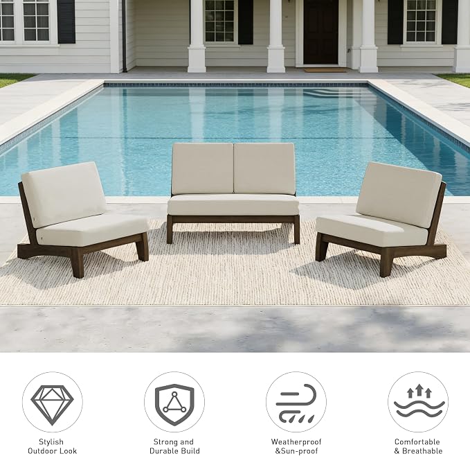 Pia Ricoo 4 Piece Patio Furniture Sets, Outdoor Loveseat Sofa Set with 2 Chairs & Coffee Table, Patio Conversation Set for Backyard, Deck, Lawn, Light Camel