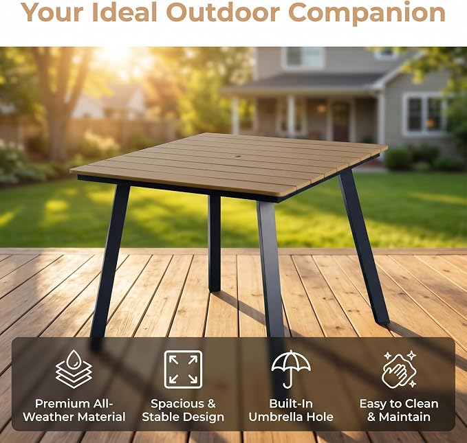 35" Square Patio Dining Table, with Umbrella Hole, Heavy Duty Iron Frame and WPC Top, All-Weather Outdoor Patio Table for Backyard, Garden and Outdoor Dining