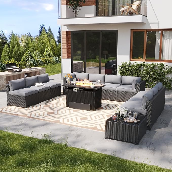 LazySunsets 12 Piece Outdoor Patio Furniture Set with 44'' Fire Pit Table, Outdoor Patio Furniture Sets with 4'' Thicken Cushion, Wicker Rattan Outdoor Conversation Set for Backyard, Light Grey