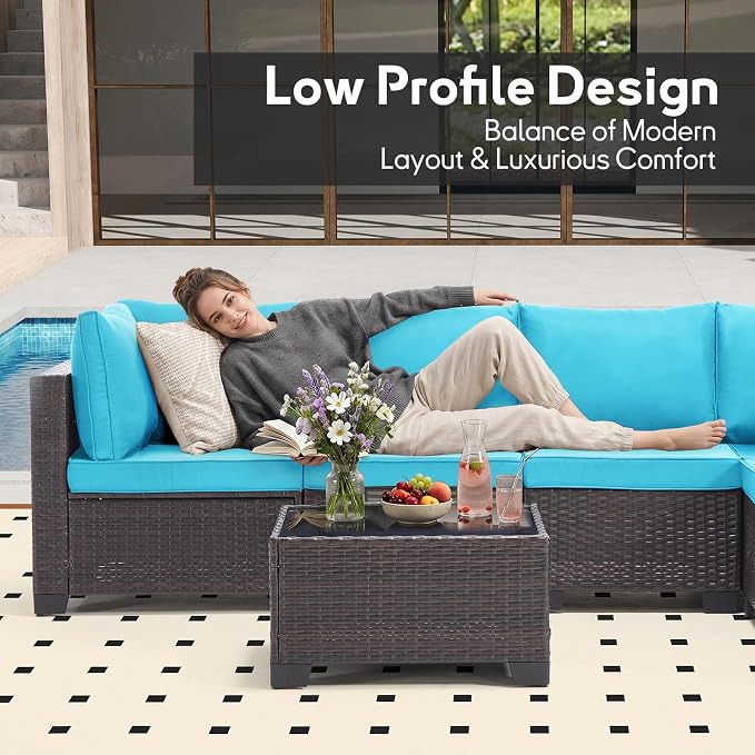 Bonzy Home 7 Pieces Outdoor Patio Furniture Set, PE Rattan Outdoor Sectional Furniture Sofa Set with Removable Cover and Glass Coffee Table, Patio Sofa for Balcony, Porch, Garden, (Brown-Turk Blue)