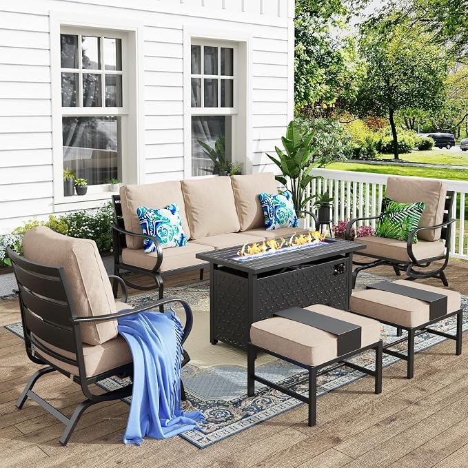 MFSTUDIO 6 Pieces Patio Furniture Sets with 45" Gas Fire Pit Table(Up to 7 Seat),Outdoor Metal Conversation Sofas with 1 x 3-Seat Sofa,2 Rocking Chairs and 2 Ottoman,Beige Cushion