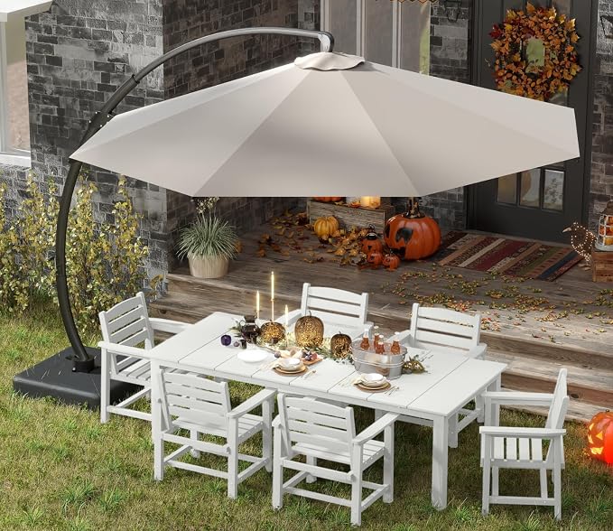 7-Piece Outdoor Dining Set with 11FT Umbrella for 6,White | 75.2'' HDPE table, chairs included, weather-resistant furniture with hole, ideal for lawn, poolside, yard, garden, deck