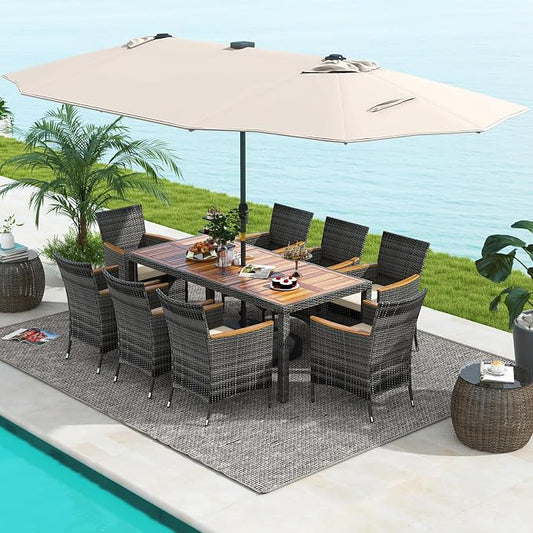 Tangkula 11 Pieces Patio Dining Set with 15 ft Double-Sided Patio LED Umbrella (Base Included), Outdoor Rattan Furniture Set with 8 Armchairs, 1 Rectangular Acacia Wood Dining Table