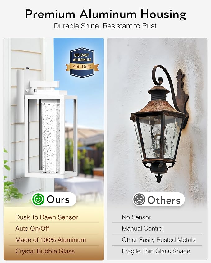 VIANIS White Porch Lights Outdoor, Large Dusk to Dawn Exterior Garage Lighting Fixtures Wall Mount for House, Outdoor Sconce Lights Lanterns for Coach with Integrated Rectangular 10W LED Light Source