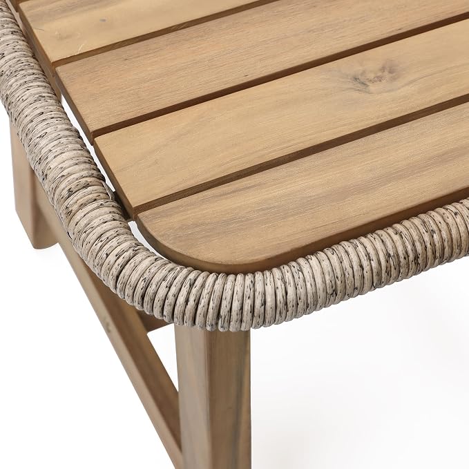LuxenHome 17.5" Outdoor Side Table, Acacia Wood Patio End Table with Woven Wicker Trim, Small Outdoor Accent Tables for Patio, Balcony, Garden