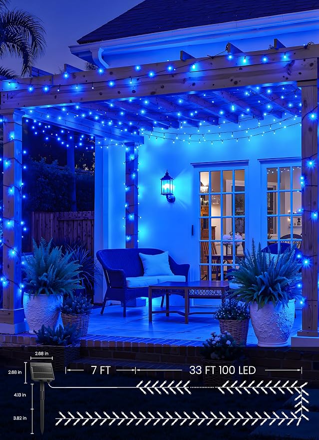 Brightown 2 Pack Solar String Lights Outdoor Waterproof, 80 FT 200 LED | Solar Powered Christmas Lights with 8 Modes, Auto On/Off, Patio Lights for Outside Tree Garden Party Decor (Blue)
