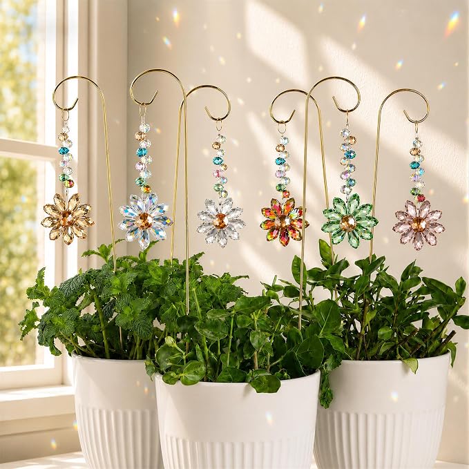 6 Pcs Colorful Crystal Sunflower Suncatcher Garden Stake with Trellis Decor | Crystal Sunflower Sun Catchers Garden Stake with Golden Small Trellis plant Decorations for Pots Patio Lawn Yard Home