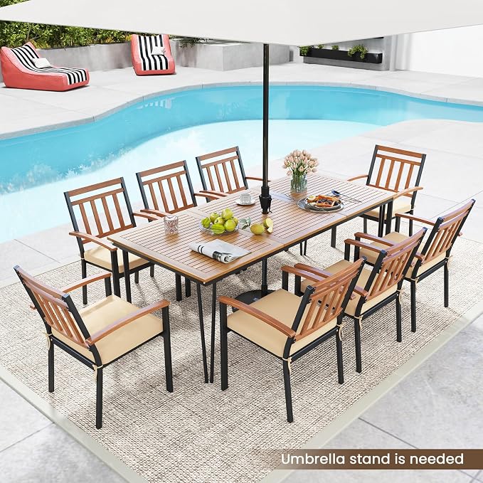 RELAX4LIFE Wooden Outdoor Dining Table for 8, 79" Rectangular Table w/Acacia Wood Slatted Top, Umbrella Hole & Metal Legs, Indoor Outdoor Bistro Table for Porch Garden, 8-Person Patio Dining Table