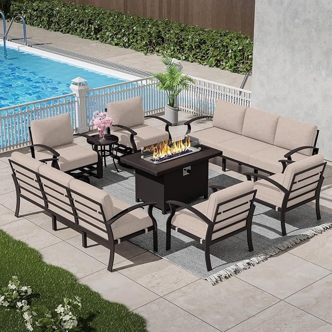 Patio Furniture Set 10 Seats Aluminum Armrest Sofa, Modern Outdoor Living Room Set with 55000 BTU Propane Aluminum Fireplace, Outdoor Rotary Joystick with Thick Cushion