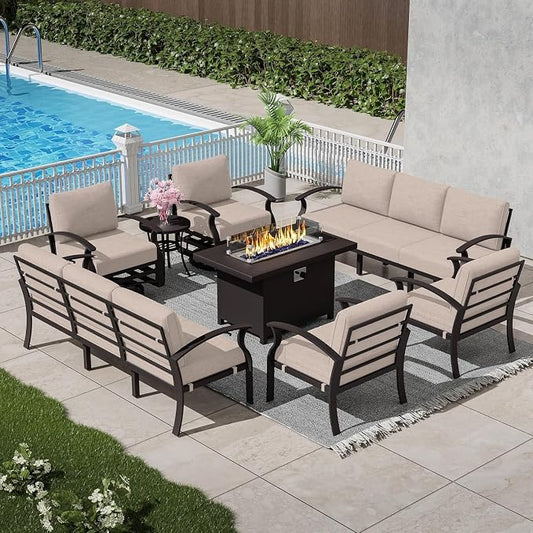 Patio Furniture Set 10 Seats Aluminum Armrest Sofa, Modern Outdoor Living Room Set with 55000 BTU Propane Aluminum Fireplace, Outdoor Rotary Joystick with Thick Cushion