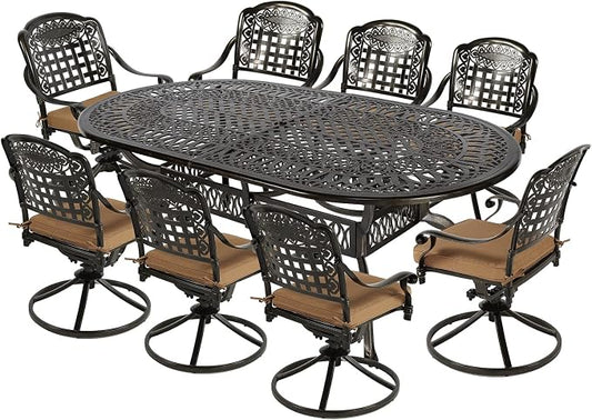 VIVIJASON 9-Piece Outdoor Patio Furniture Dining Set, All-Weather Cast Aluminum Conversation Set, Include 8 Swivel Dining Chairs and an Oval Table with Umbrella Hole for Lawn Garden Backyard