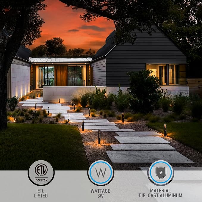 LEONLITE 10-Pack 3W 5CCT LED Low Voltage Path Lights Aluminum Black | LED Landscape Pathway Lights, Outdoor Landscape Lighting, 1800K2700K3000K4000K5000K Selectable, 12-24V, ETL, IP65 Waterproof