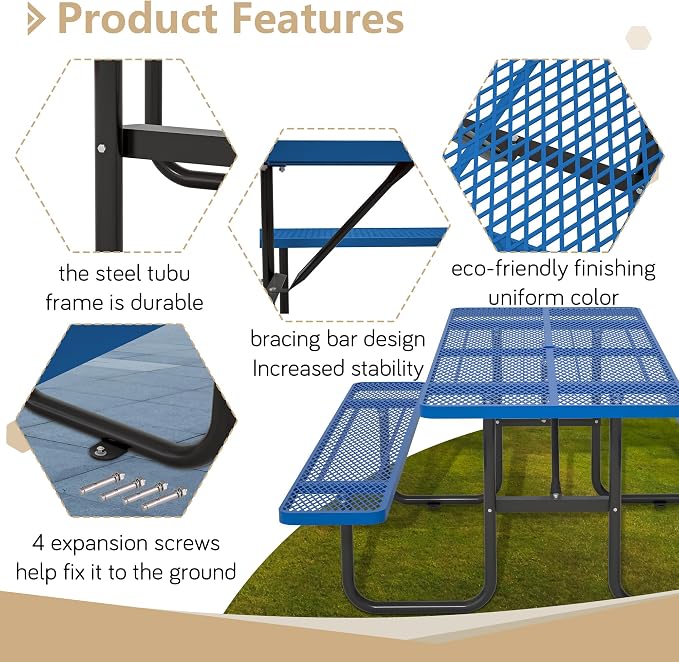 72'' Rectangular Metal Picnic Table with 1.73" Umbrella Hole, Heavy Duty Steel Mesh Table Set, Weather Resistant Sturdy Outdoor Furniture, for Patio, Garden, Courtyard & BBQ, Blue